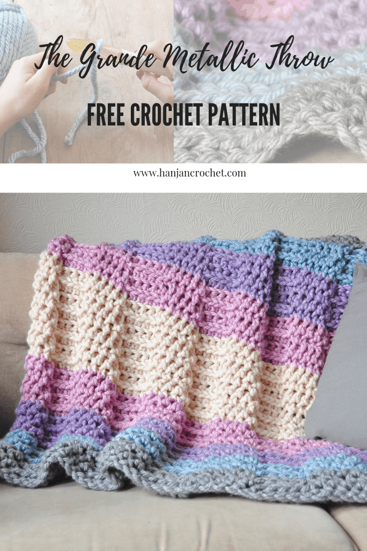 Grande Metallic Throw knit look crochet throw blanket free pattern by Hannah Cross