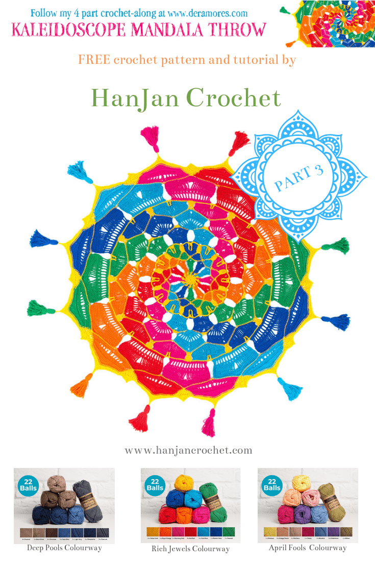 Kaleidoscope Mandala Throw CAL crochet along by Hannah Cross HanJan Crochet and Deramores. Free crochet pattern. Free home crochet pattern. Learn to crochet. 