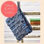 A crochet tutorial for a denim yarn bag pattern.