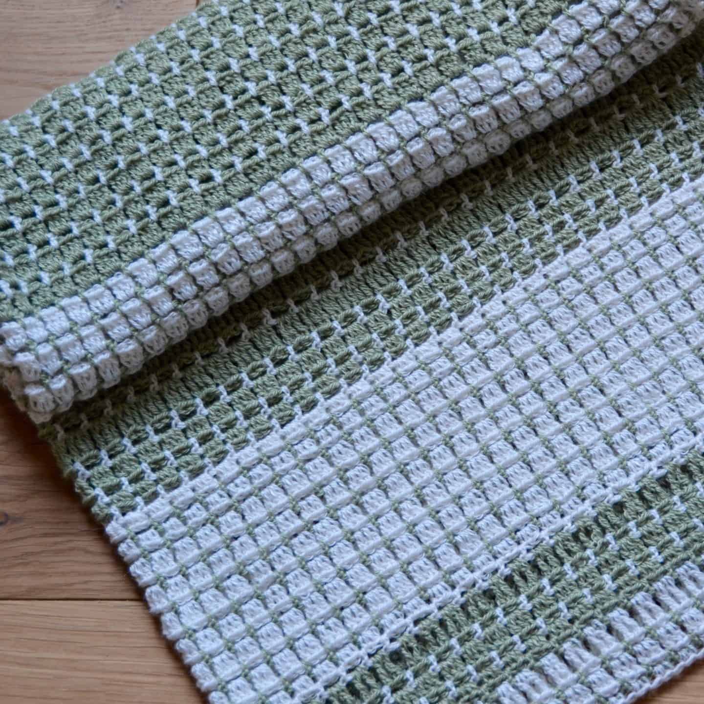 Granny Block Stitch Crochet Blanket in Green and White.