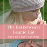 crochet beanie hat in pink and white on a little girl