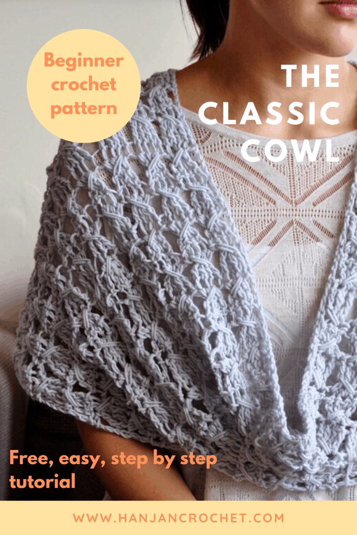 How to crochet the cable stitch with this free crochet cowl pattern, perfect for beginners. A delicate, lace cowl with lots of drape that can effortlessly be worn as a scarf or wrap.
