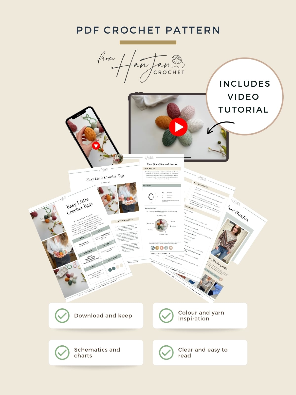 A digital PDF crochet pattern set featuring crochet Easter eggs, with schematics and charts, color inspiration, and a video tutorial—displayed on devices and printed pages with feature highlights below.