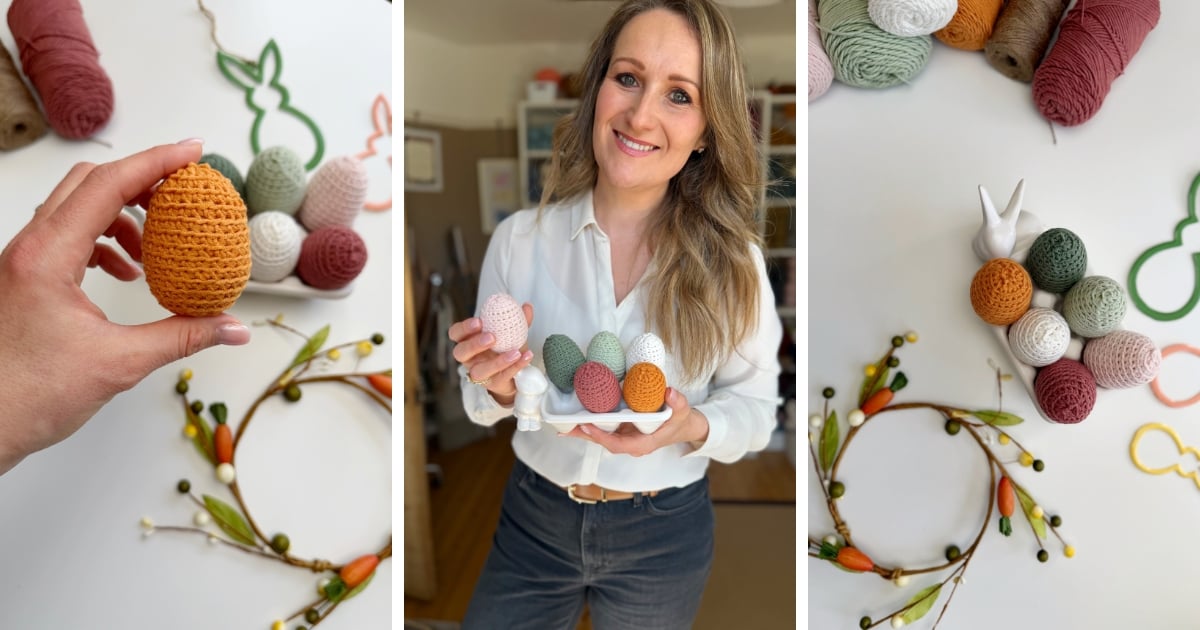 A woman holds a plate of crochet Easter eggs. Surrounding images highlight the intricate crochet Easter eggs, colorful yarn, and spring-themed decorations arranged on a white table.