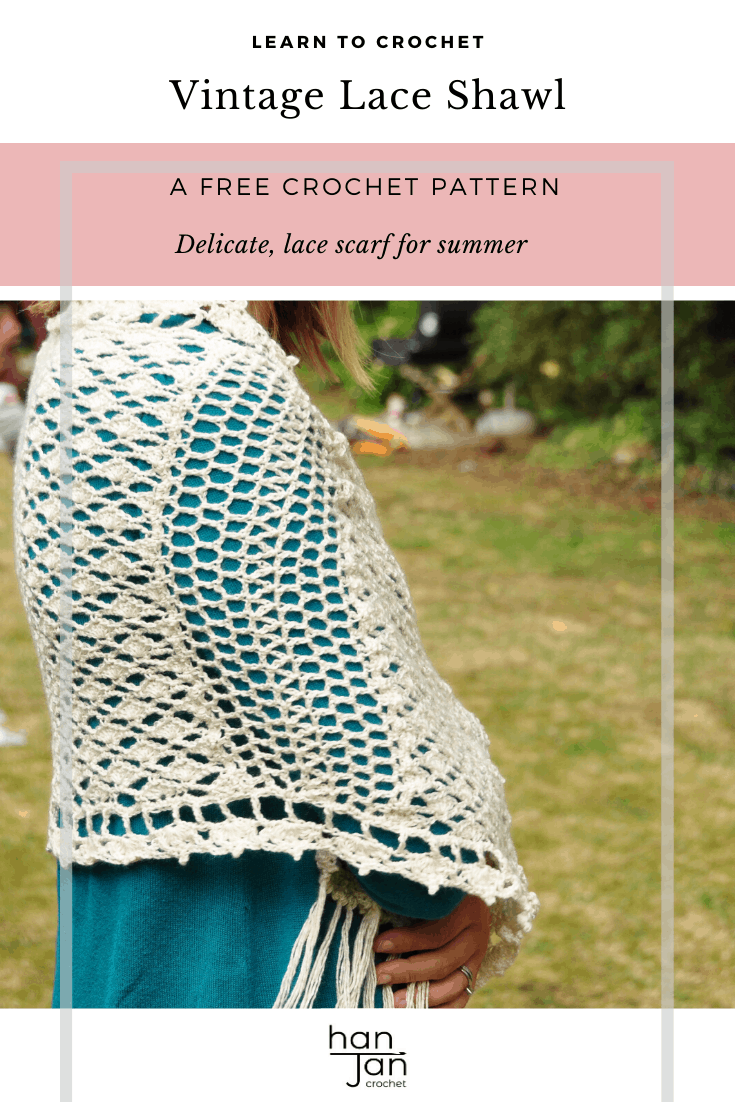 Enjoy the free crochet pattern for the Vintage Lace Shawl from HanJan Crochet. The beautifully delicate lace crochet shawl comes with a step by step stitch tutorial and written pattern. Perfect for summer days and evenings too with a soft, romantic style to complement any outfit. #crochetshawl #vintagelace #crochetlace