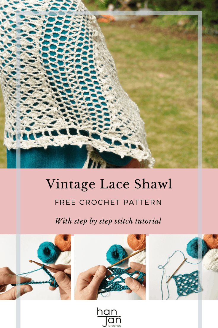 Enjoy the free crochet pattern for the Vintage Lace Shawl from HanJan Crochet. The beautifully delicate lace crochet shawl comes with a step by step stitch tutorial and written pattern. Perfect for summer days and evenings too with a soft, romantic style to complement any outfit. #crochetshawl #vintagelace #crochetlace