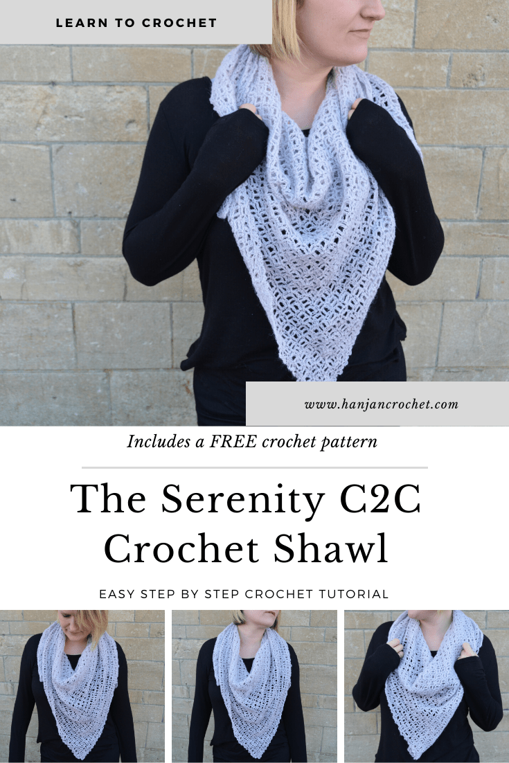 Learn to crochet this lightweight c2c (corner to corner) crochet shawl with this free crochet pattern. The chain spaces in this triangular scarf create a beautiful crochet lace style that is perfect for beginners to achieve. Style it as a traditional shawl or wear as a more modern neck bandana, the choice is yours.