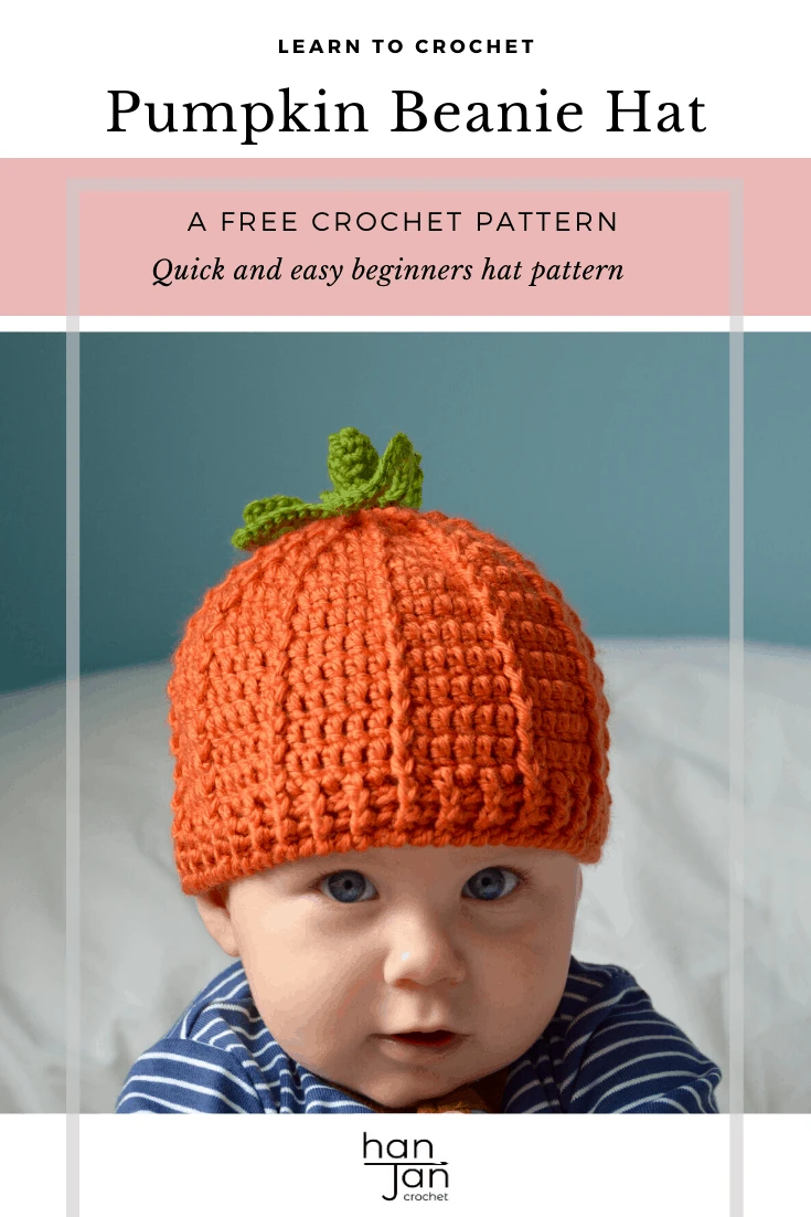 Learn to crochet a baby pumpkin hat for Halloween and Fall with this free crochet pattern by HanJan Crochet. In sizes newborn baby to child, it even has a stalk and leaf on top! Perfect for beginners or anyone wanting a quick crochet project.