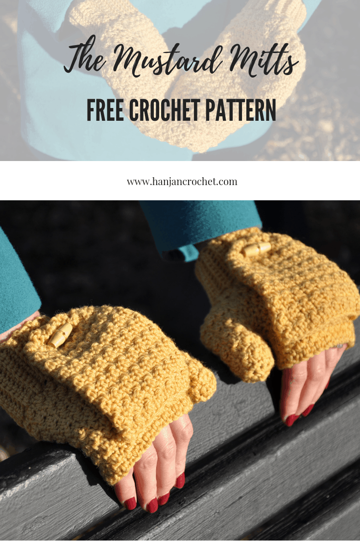 free crochet pattern, Hannah Cross, HanJan Crochet, winter mustard mitts