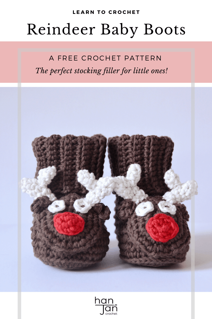 Learn to crochet these cute reindeer boots for babies and children this Christmas with this free crochet pattern by HanJan Crochet. With a step by step tutorial they are a great pattern for beginners. Perfect for festive slippers, a great stocking filler and even for a Christmas photo shoot prop!