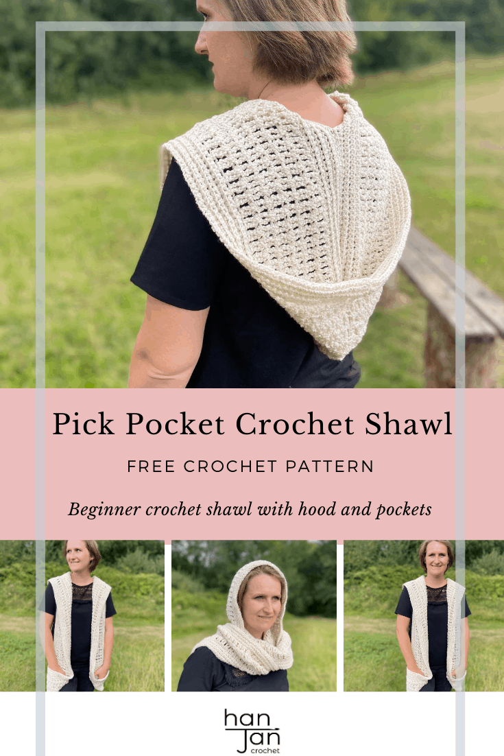 cream crochet pocket shawl on woman in field 