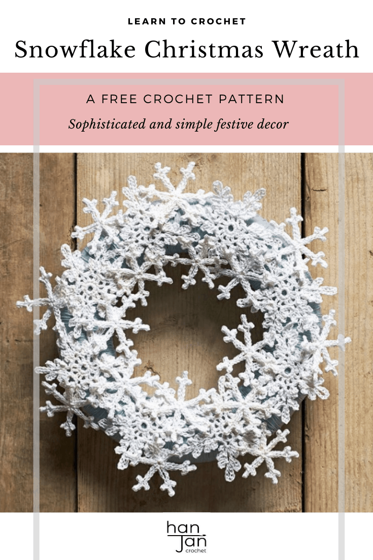 Crochet snowflake wreath on a door with text overlay for Pinterest.