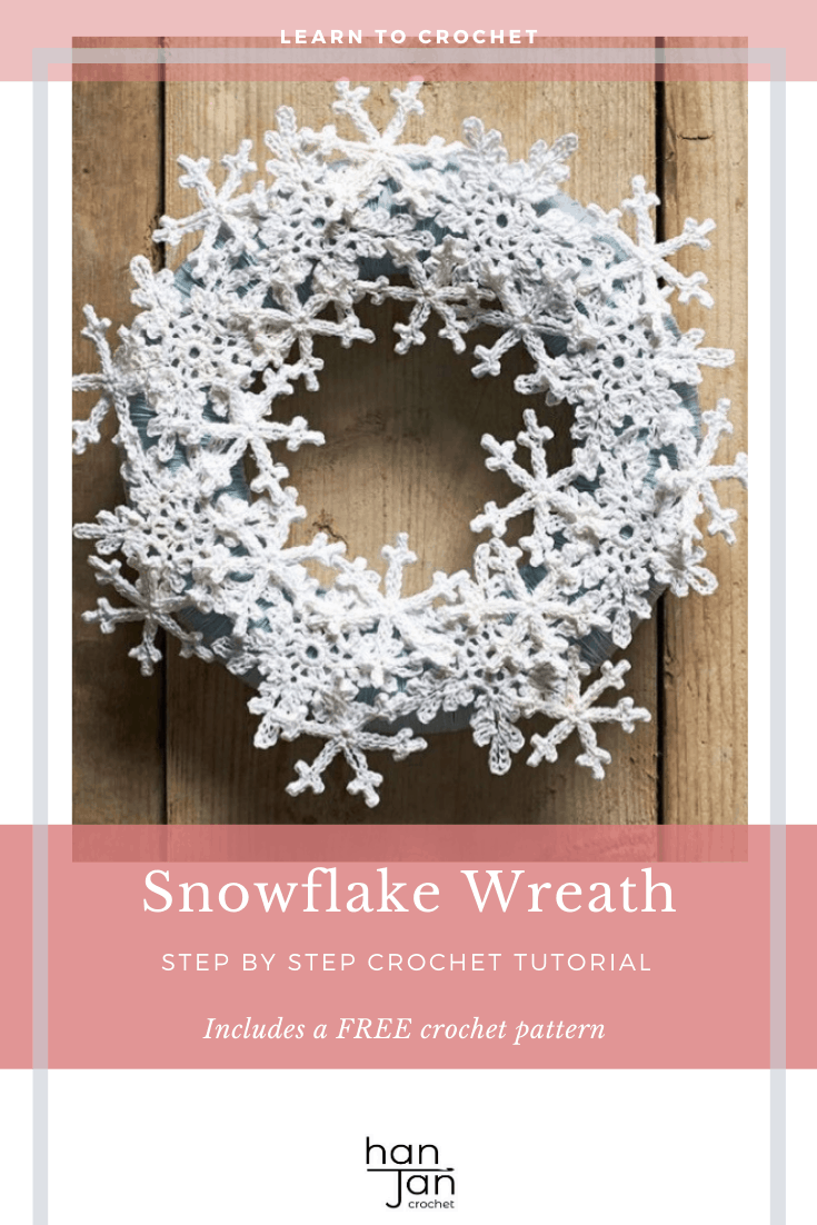 Crochet snowflake wreath displayed on a door.