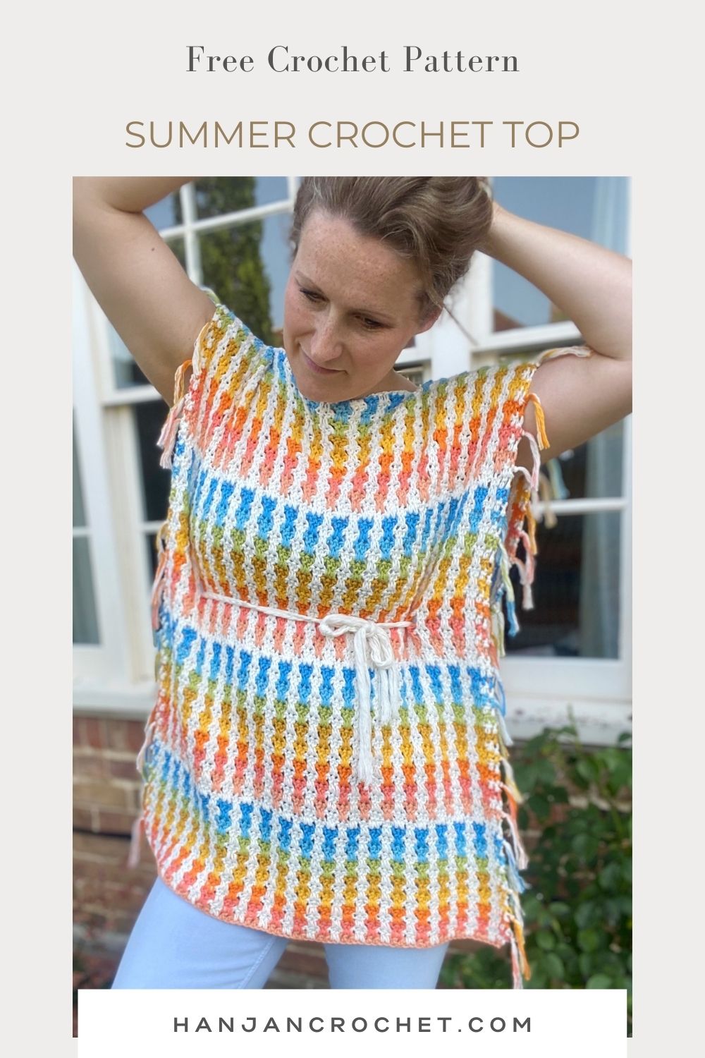 Woman wearing a colorful crocheted summer top with side ties, styled like a summer crochet poncho, standing outside. Text reads "Free Crochet Pattern: Summer Crochet Top" with a website link at the bottom.