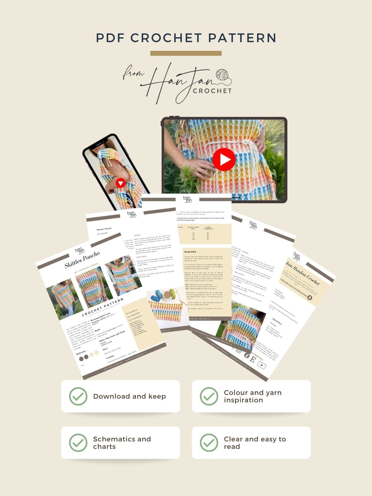 PDF crochet pattern promotional image featuring printed pages, a mobile device, crocheted summer crochet poncho photos, and icons highlighting downloadable content, color inspiration, schematics, and clear instructions.