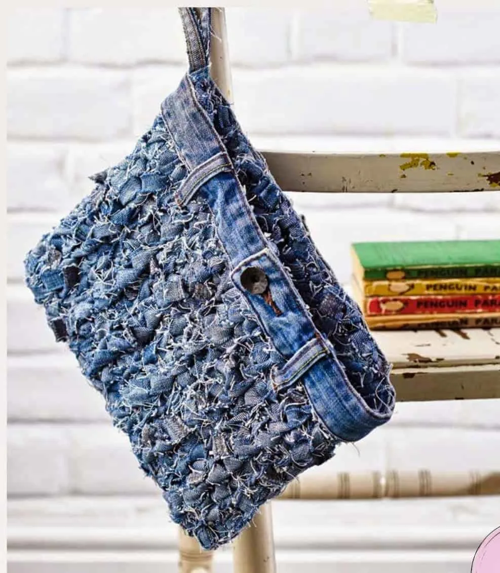 How to make jeans yarn and then crochet it into a fabulous recycled jeans bag, denim clutch bag. A free how to tutorial and crochet pattern from HanJan Crochet.