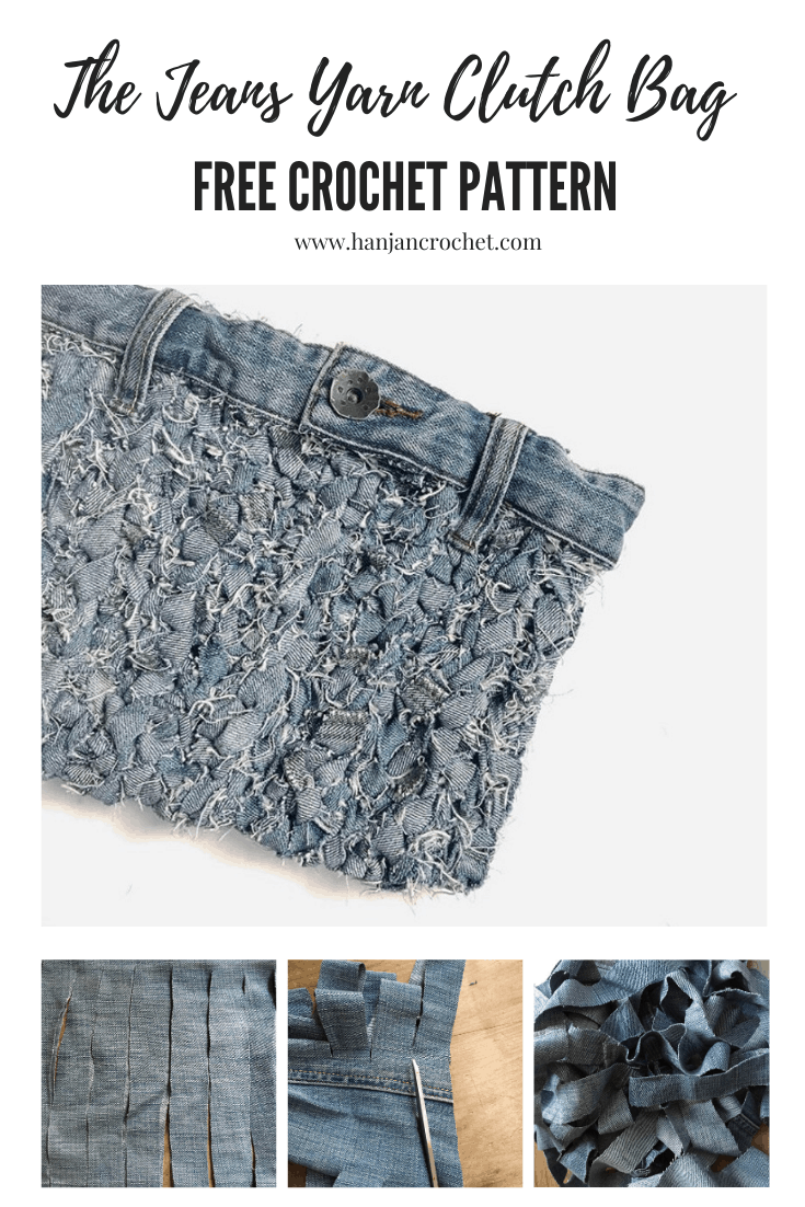 How to make jeans yarn and then crochet it into a fabulous denim clutch bag. A free how to tutorial and crochet pattern from HanJan Crochet.