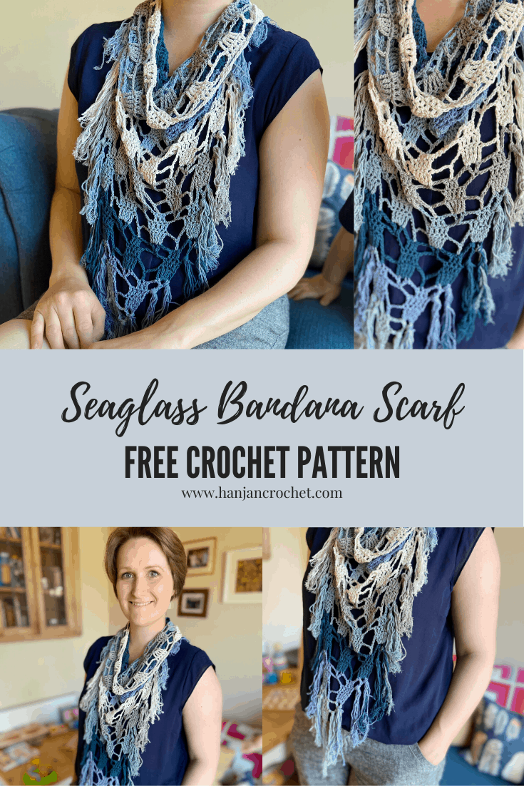 The Seaglass Bandana Scarf is a free triangular crochet scarf pattern that ends up with straight edges that you join to form a cowl part at the top. Sounds complicated?! I promise it's not. 