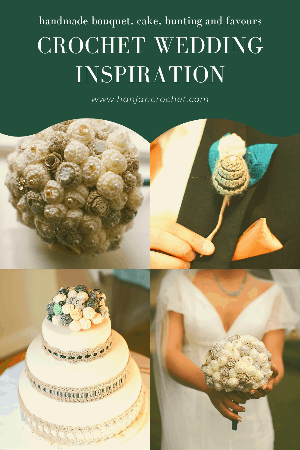 Crochet wedding inspiration for your handmade bouquet, cake, favours, buttonholes and more. 