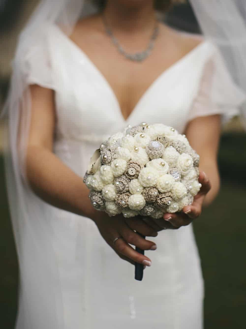 Beautiful cream and ivory beaded crochet wedding bouquet.