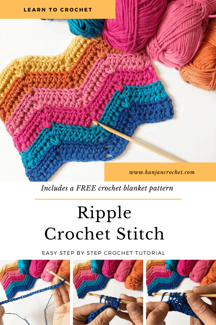 Learn to crochet the ripple stitch with this free crochet tutorial and crochet blanket pattern in both UK and US terms. Feel the retro vibe with bright colours or choose classic tones to make your blanket perfect for you. Great for beginner crocheters. 