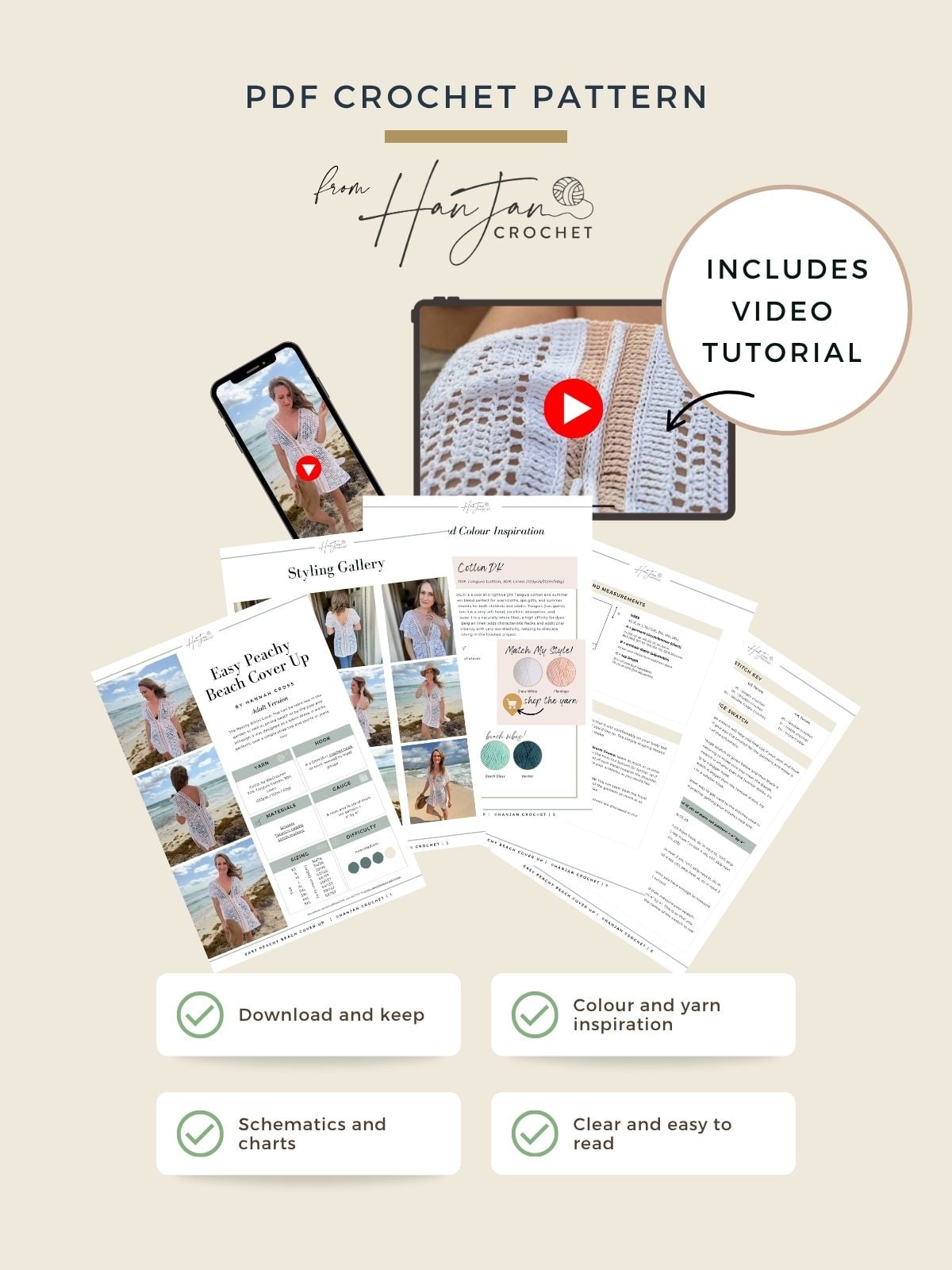 PDF crochet pattern promotional image featuring printed instruction pages, a mobile phone with a video, and a finished bikini cover up crochet pattern; text notes video tutorial and clear instructions.