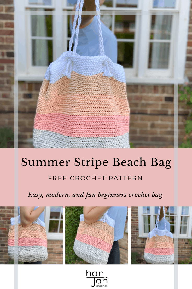 Learn to crochet this easy, modern and fun crochet beach bag. A free beginners crochet pattern for a pink, grey and white stripe shoulder tote bag. Perfect to take to the beach or use as a market bag.
