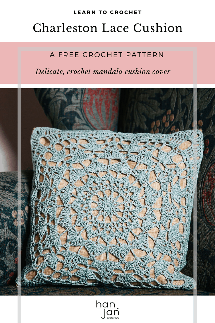 Learn to crochet the Charleston Cushion with this free mandala style cushion pattern. A delicate lace crochet motif cushion on a linen pillow cover to make a stunning addition to your home. A free crochet home decor pattern.