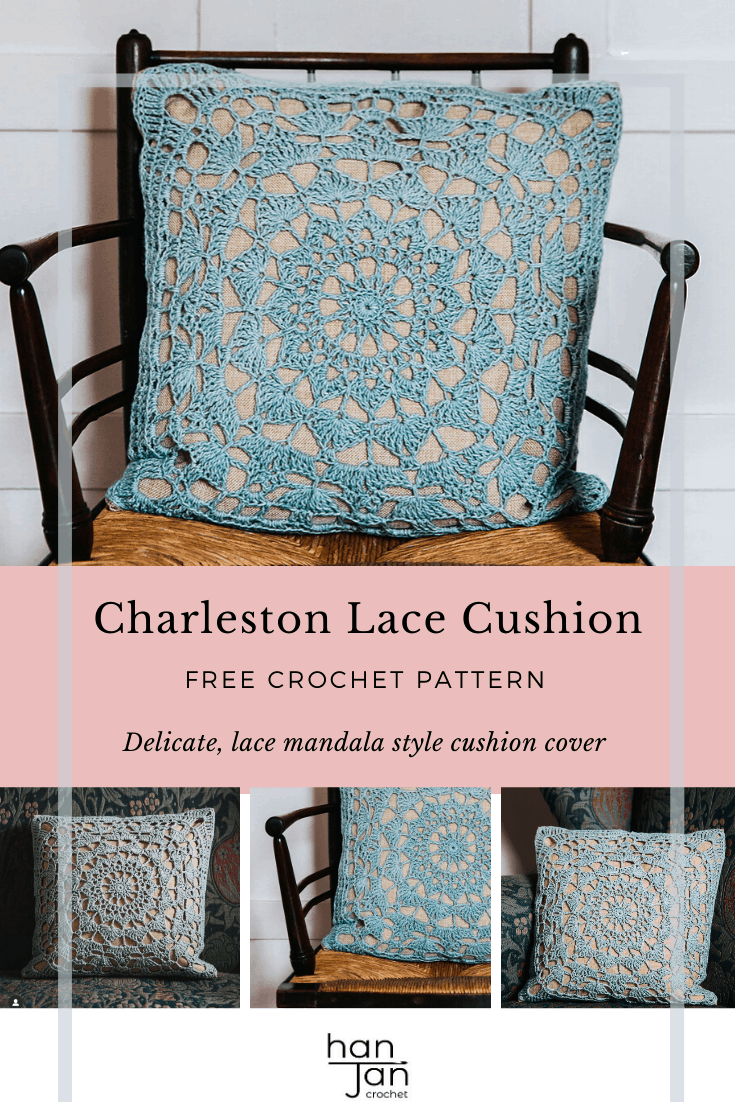 Learn to crochet the Charleston Cushion with this free mandala style cushion pattern. A delicate lace crochet motif cushion on a linen pillow cover to make a stunning addition to your home. A free crochet home decor pattern.