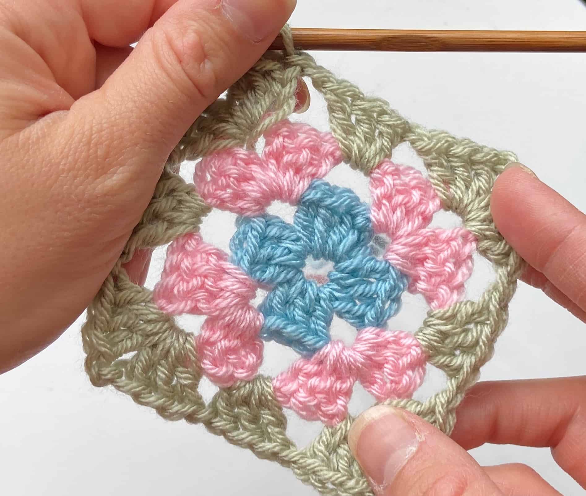 pink, blue and green granny crochet square