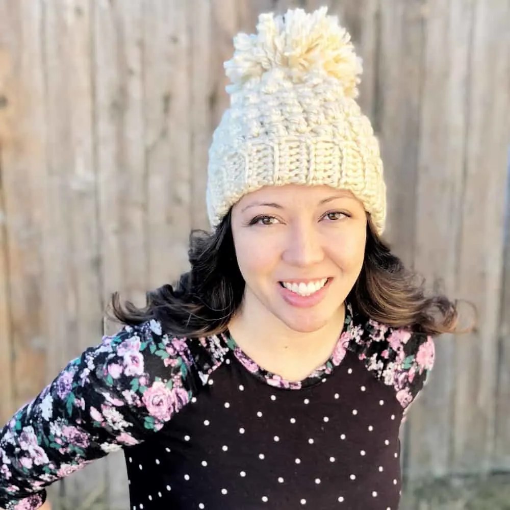 Heather Beanie, free cream crochet bobble hat pattern
