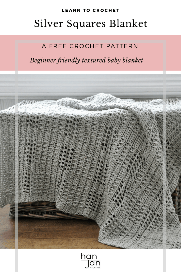 Learn to crochet the stunning Silver Squares Baby Blanket with this free crochet pattern from HanJan Crochet. The perfectly modern yet classic neutral baby blanket for any new arrival. With a simple and rhythmical pattern repeat it's a great crochet pattern for mindfulness and calm.