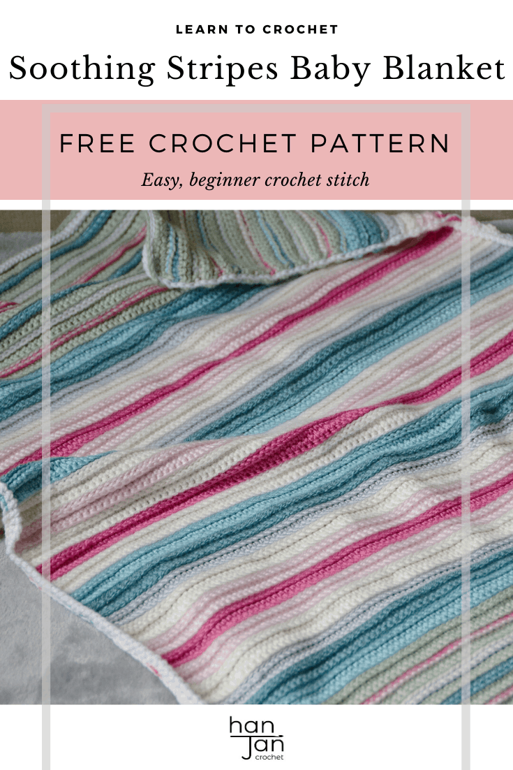 Learn to crochet an easy beginner crochet baby blanket with this free crochet pattern from HanJan Crochet. The Soothing Stripes Baby Blanket has the perect combination of slip stitch and single crochet detail to give you a stunning knit look blanket for any new arrival.