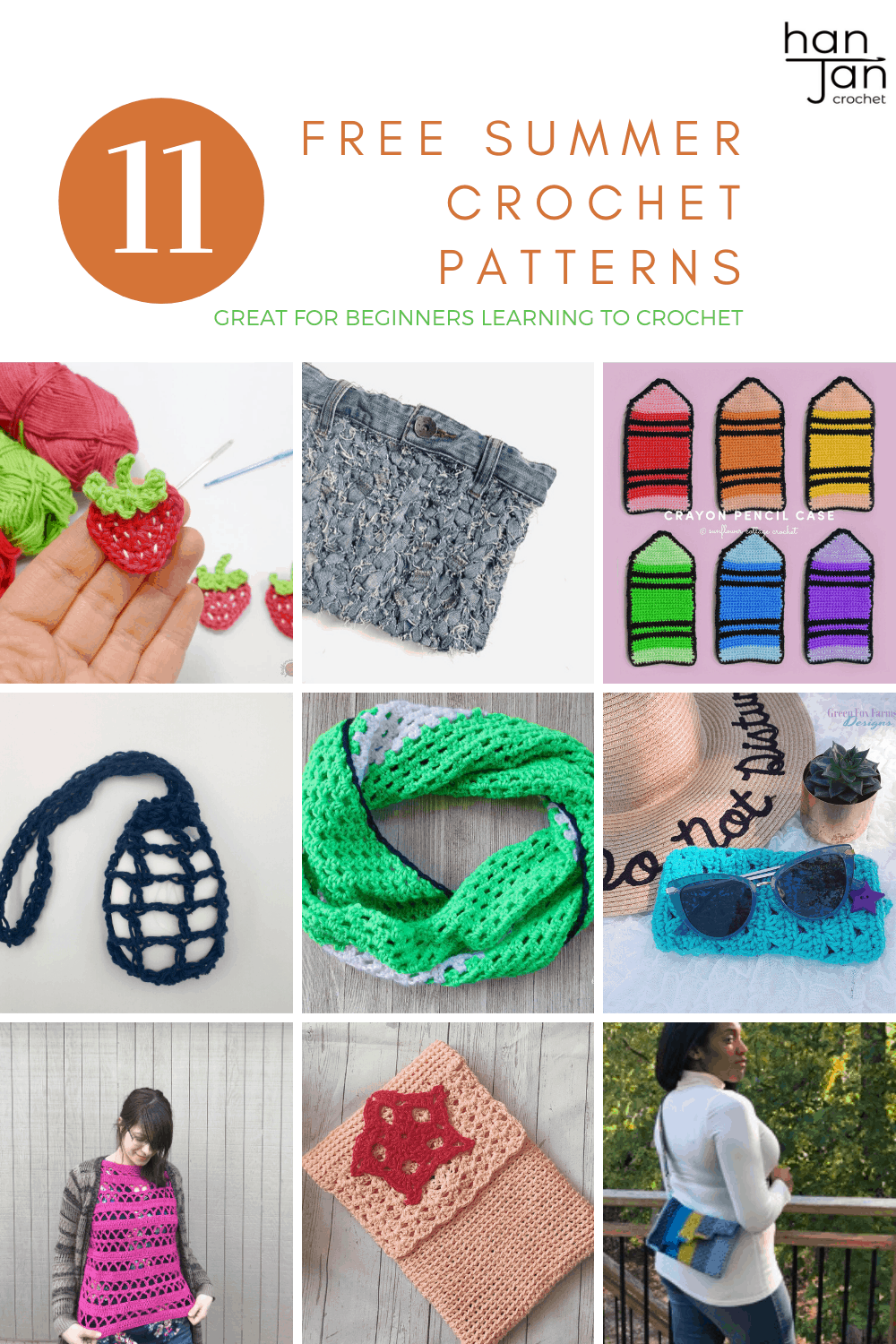 11 free beginner crochet patterns for summer. From bags to cowls and scarves to appliqués, learn to crochet with these fun, fresh patterns.