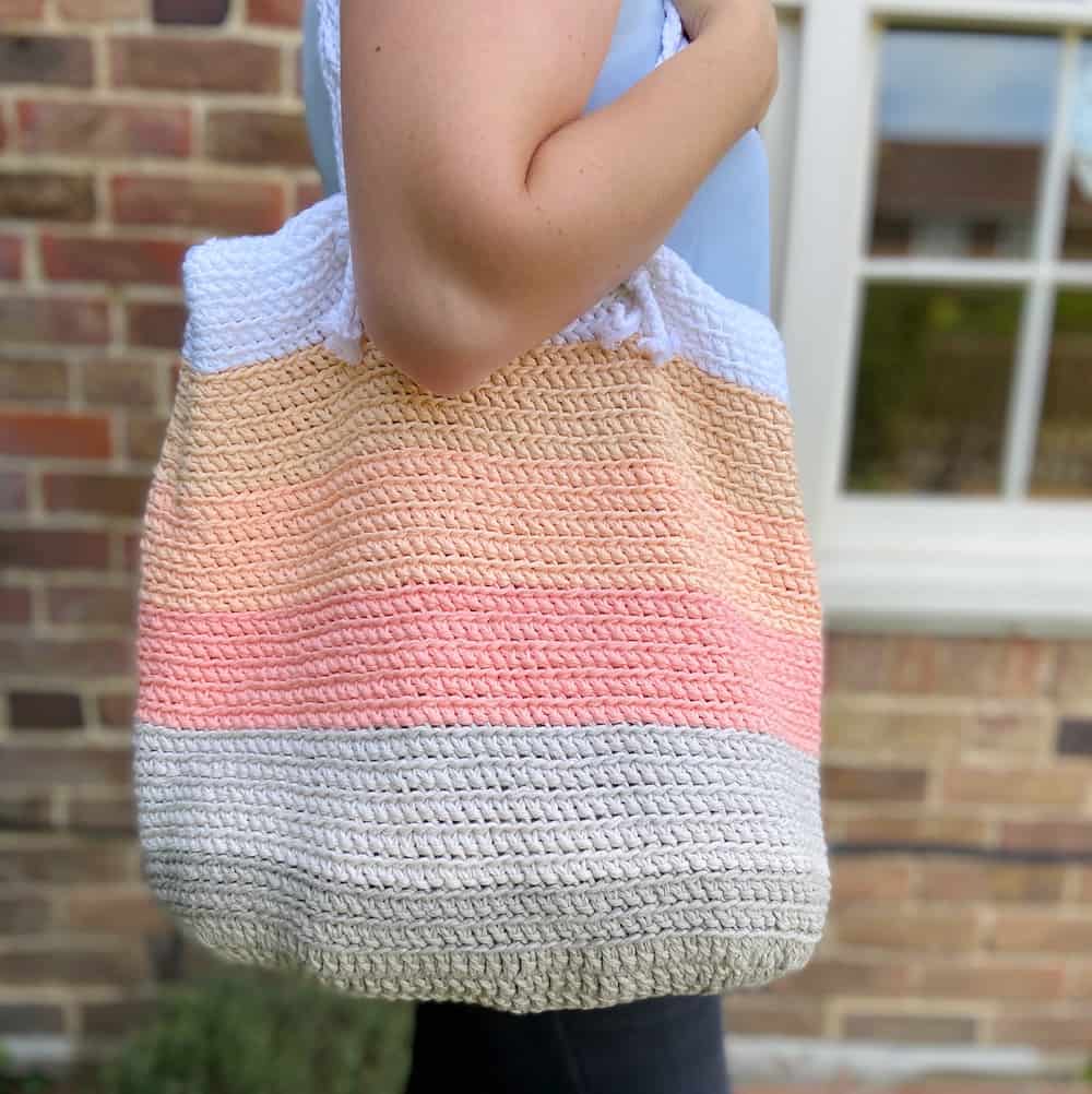 pink, coral and grey stripe crochet beach bag 