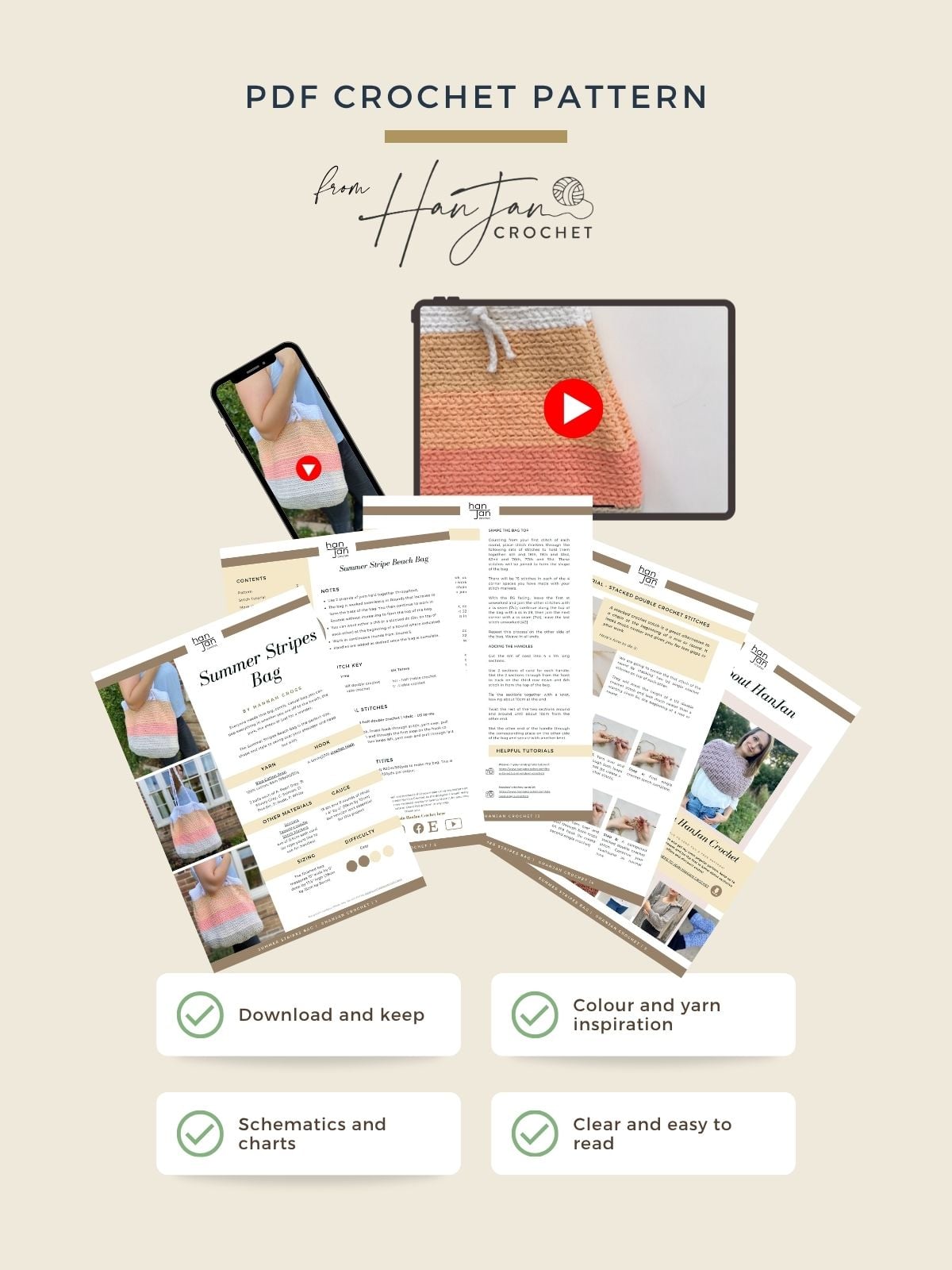 Image displays a free crochet bag pattern PDF bundle for a summer stripes bag, featuring step-by-step instructions, schematics, charts, and a video tutorial viewable on your phone.