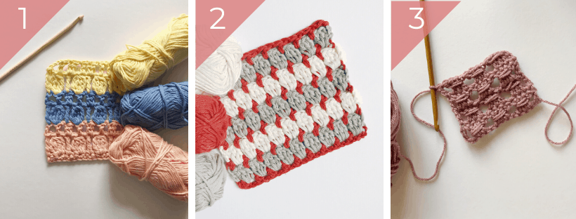 Collage showing three different types of crochet squares.