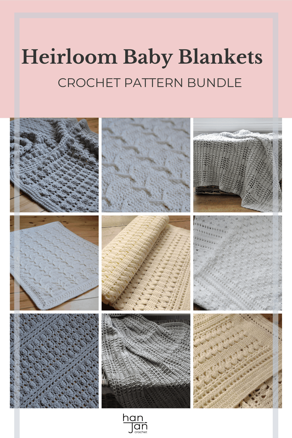 6 classic baby blankets in white, cream and grey 