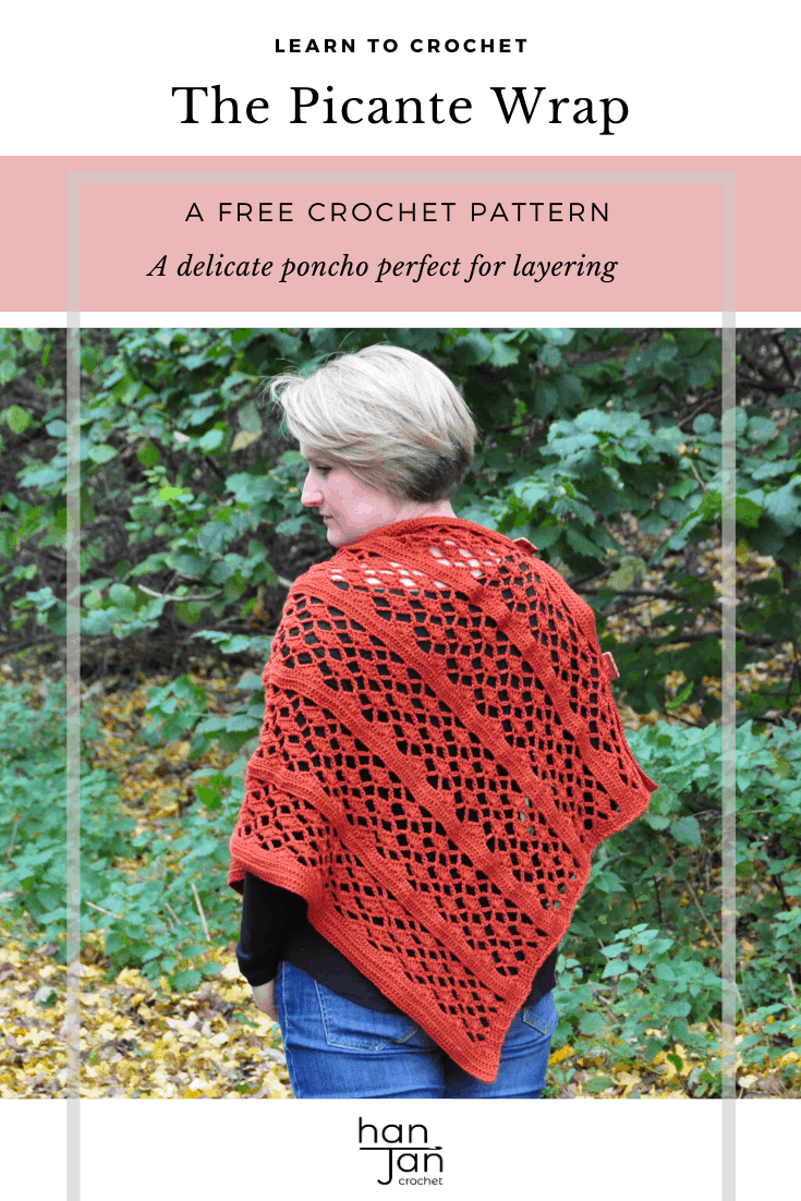 Learn to crochet the Picante Wrap with this free crochet pattern by HanJan Crochet. A perfect poncho style wrap for layering in the cooler months of Autumn and Winter, this crochet lace garment is joined at the neckline with statement buttons to form a beautiful cowl neckline. A joy to make and stylish and easy to wear. An intermediate crochet pattern for those who enjoy crochet lace and shell stitches.