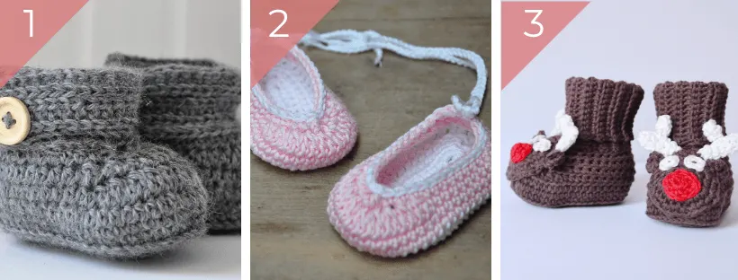 baby crochet boots, baby ballet shoes, baby reindeer slippers