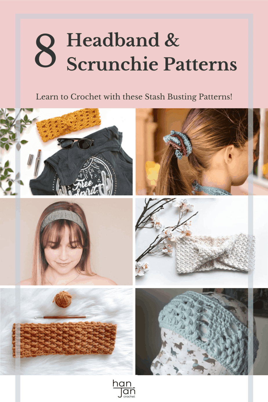 8 quick crochet headband and scrunchie patterns shown in a grid.