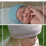 crochet beanie hat in pink and white on a little girl and in blue on newborn baby