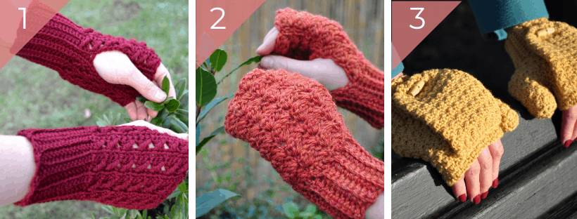 crochet mittens in red, orange and yellow