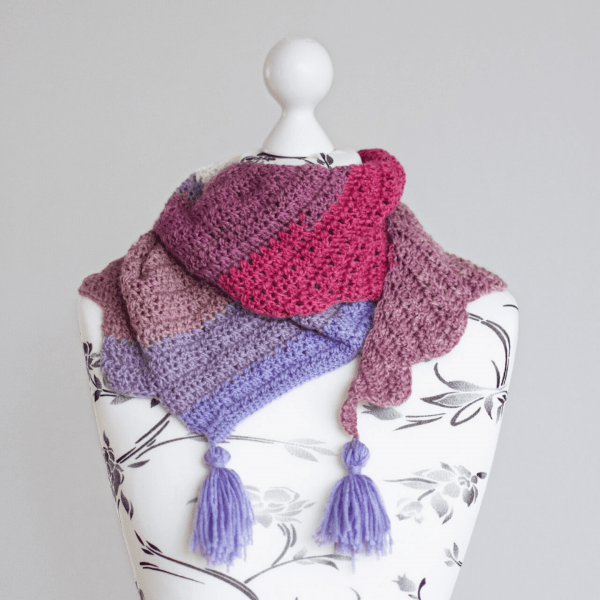 pink and purple crochet scarf with tassels 