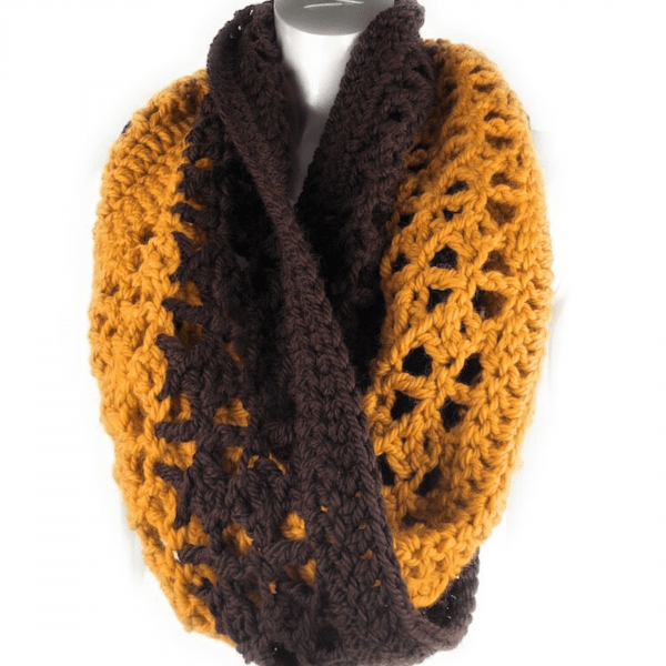 yellow and brown lace crochet scarf