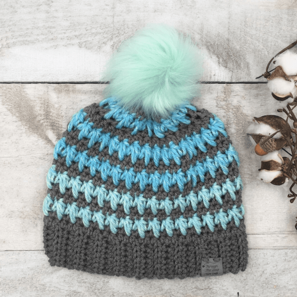 grey and blue striped crochet bobble hat