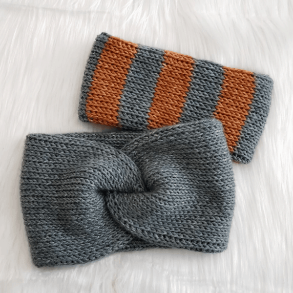 2 crochet headbands in grey and orange