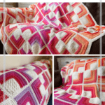 hot crochet square motif blanket in bright colours draped on a sofa