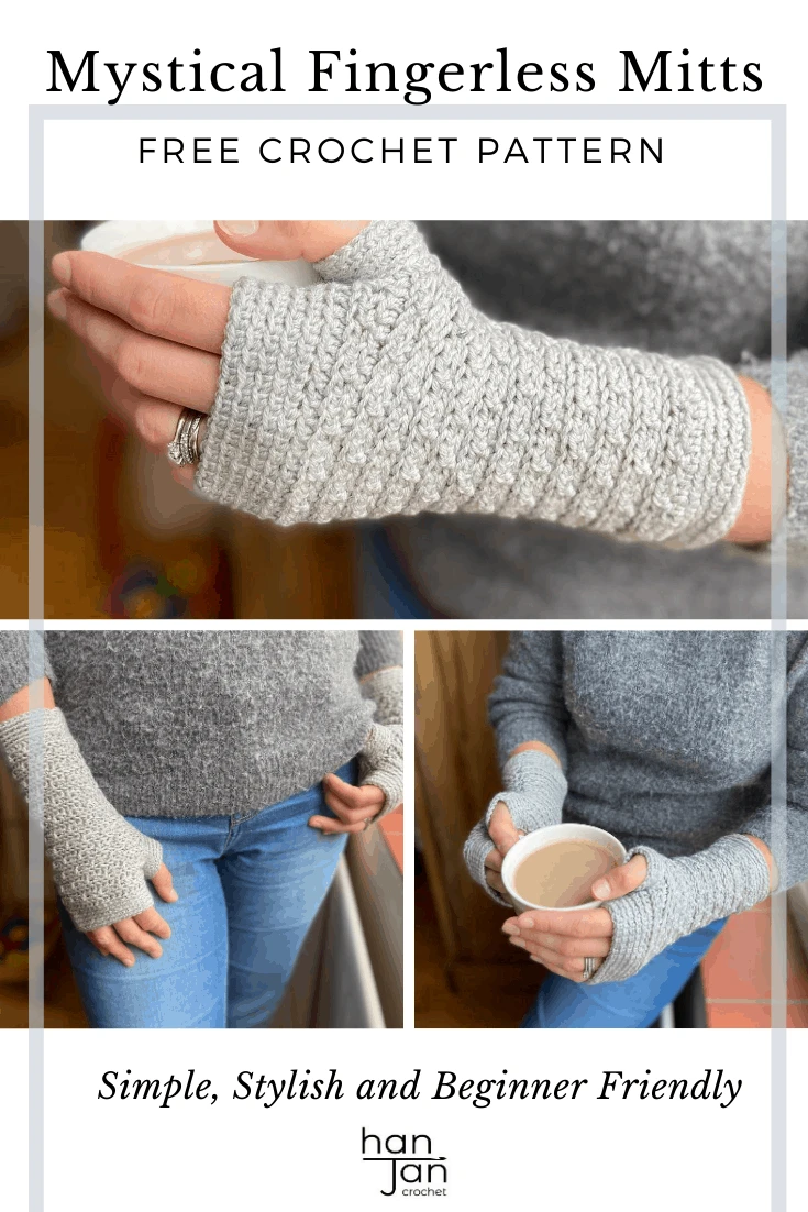 Collage of photos showing woman wearing crochet fingerless gloves.