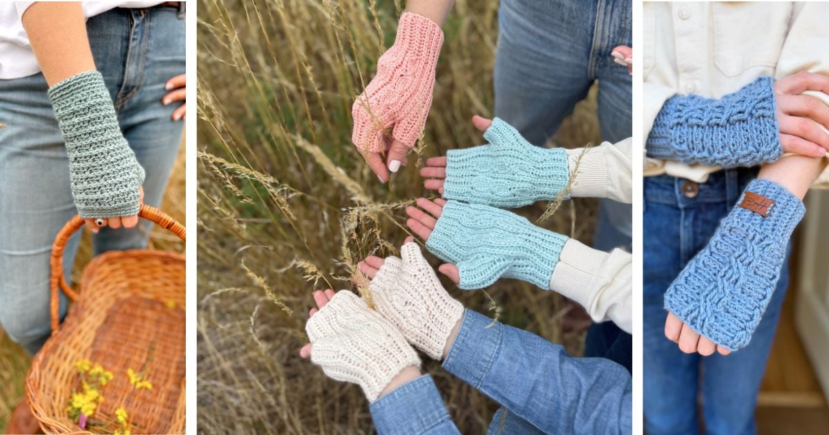 Five people display a mix of crochet fingerless gloves in various colors and patterns while outdoors among tall grass. Two close-up shots show single pairs—one in light blue and the other in blue—on either side.